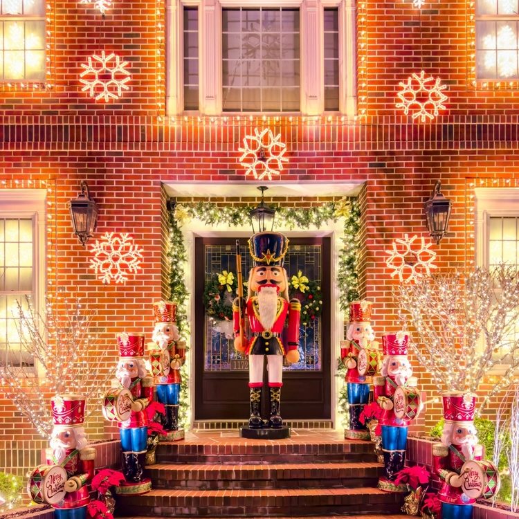 A,Beautifully,Decorated,Christmas,Entrance,Featuring,Colorful,Nutcracker,Figures,,Vibrant